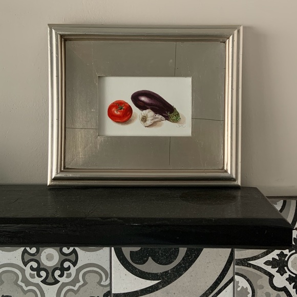 Original Framed Painting Kitchen Dining Eggplant Tomato Garlic 4x6 inch - Picture 2 of 4